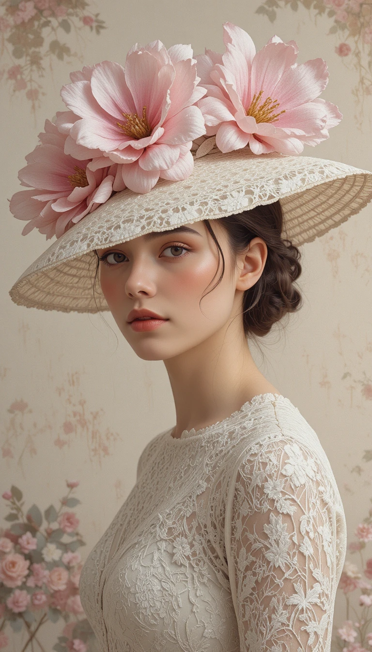 Mujer elegante con sombrero de encaje y suaves flores románticas
