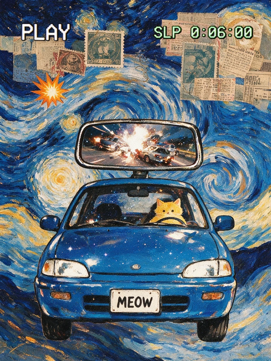 Tierno gato de anime conduciendo un coche azul de noche