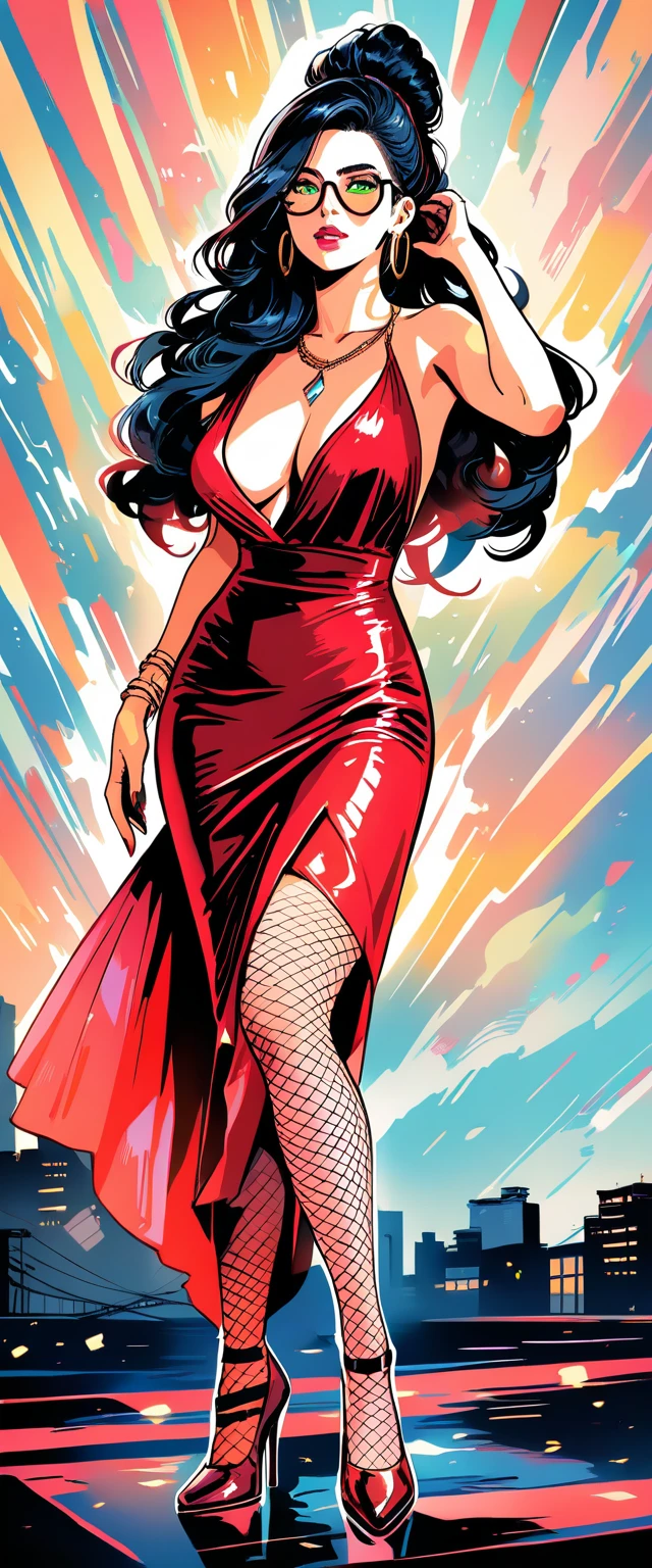 Mujer de cómic elegante con minivestido negro posando con confianza