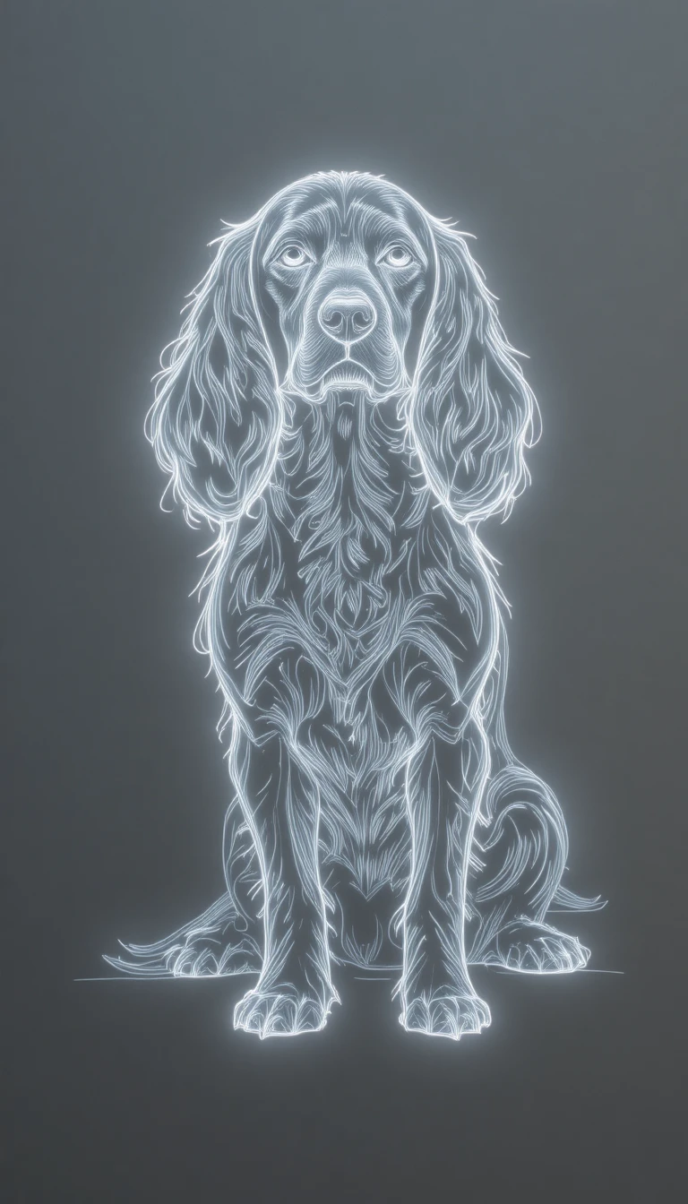 Dibujo de líneas neón de un spaniel ruso sobre fondo gris