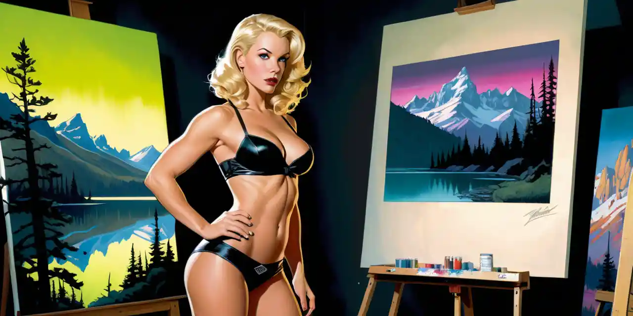 Artista segura pinta un paisaje tranquilo en un estudio de neón