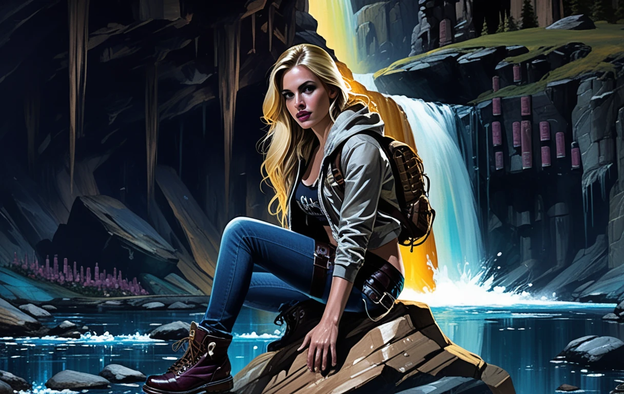 Chica rubia atlética descansando sobre una roca junto a una cascada en el bosque