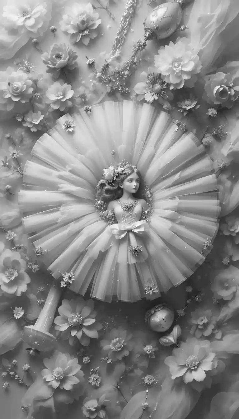 Délicats jouets de ballet avec rubans et tulle vus de dessus
