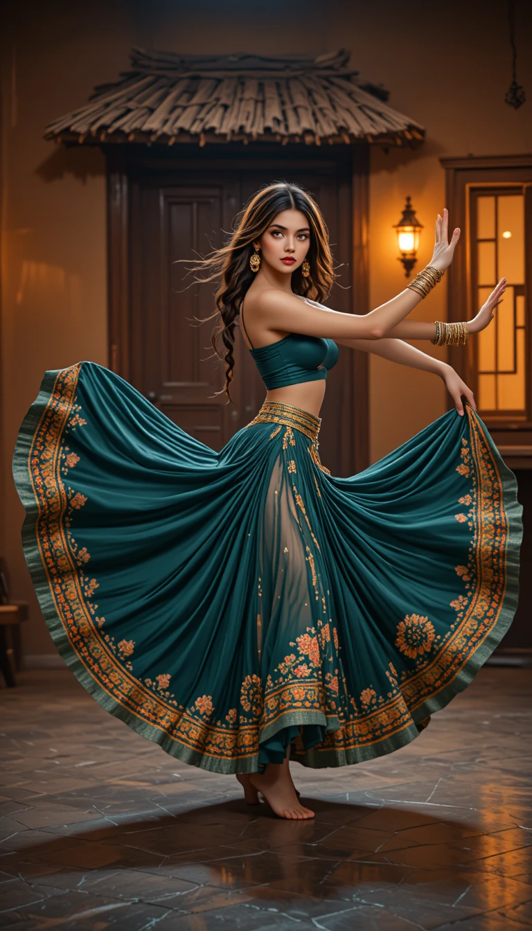 Bailarina india girando su lehenga en estudio rústico