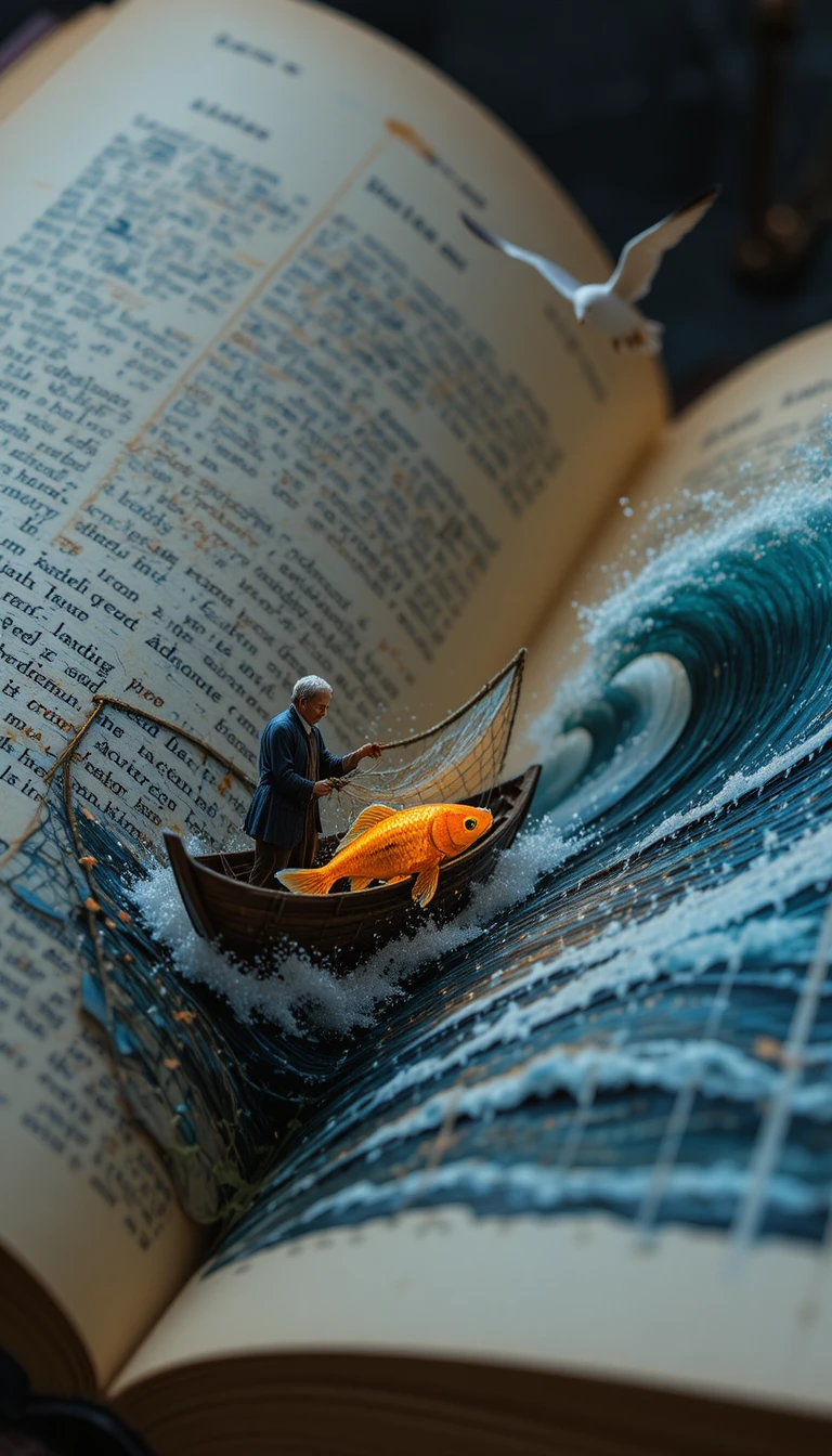 Páginas de un libro antiguo que se abren hacia un mar tormentoso surrealista