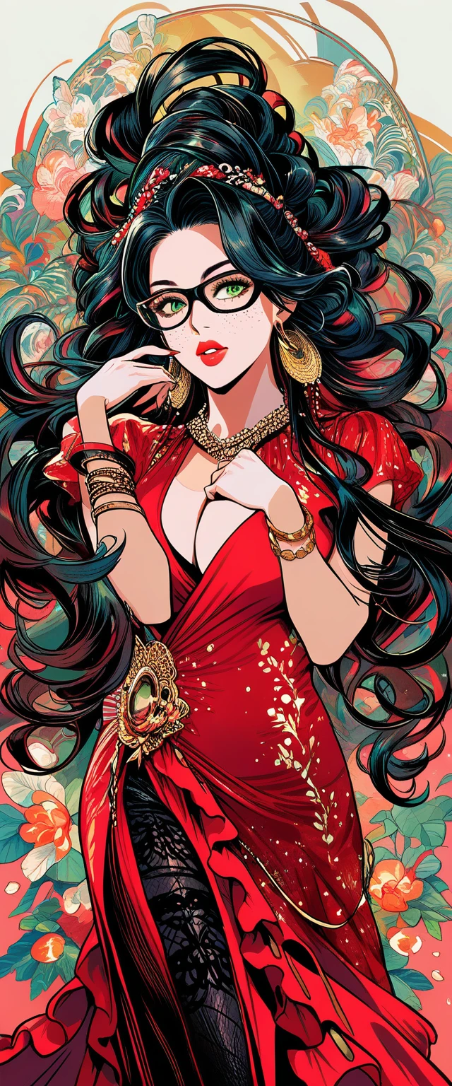 Mujer estilosa estilo cómic posando con vestido negro en retrato de cuerpo entero