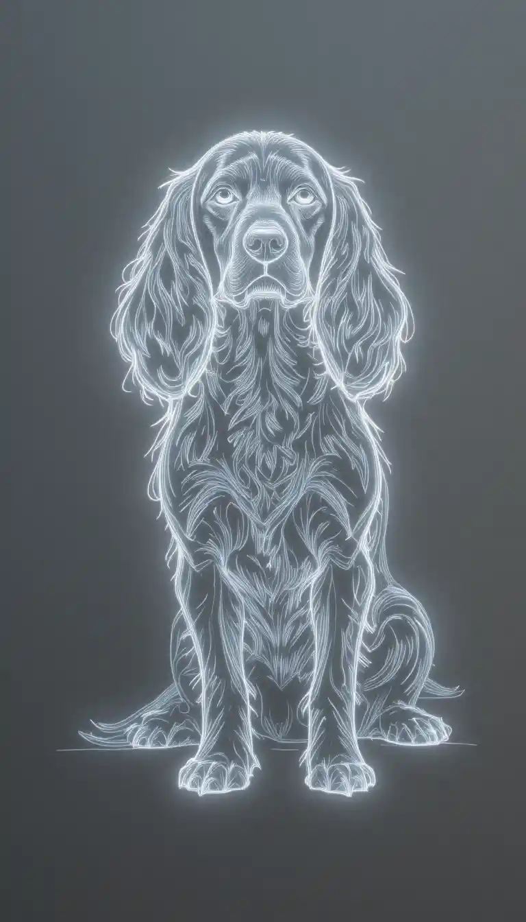 Neon line drawing of a russian spaniel on gray background