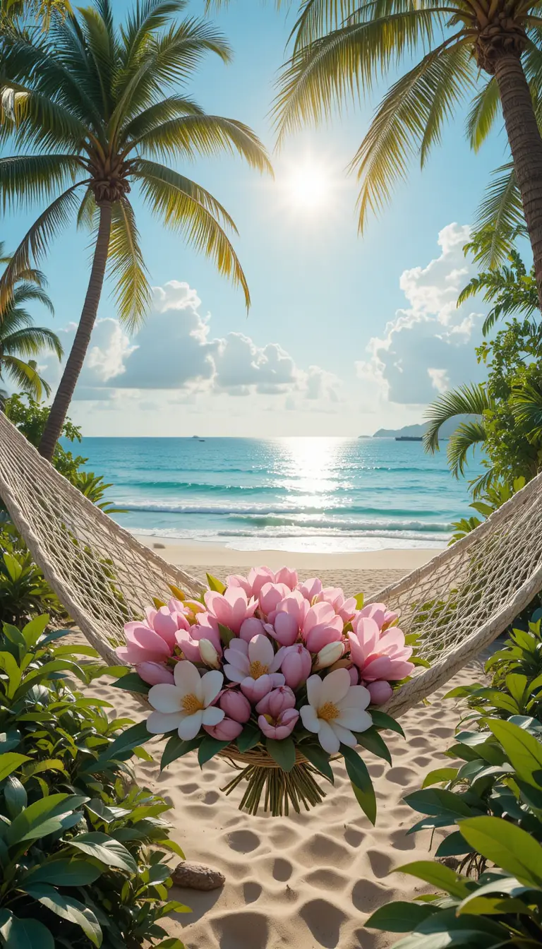 Sunny tropical beach with palm trees and a hammock