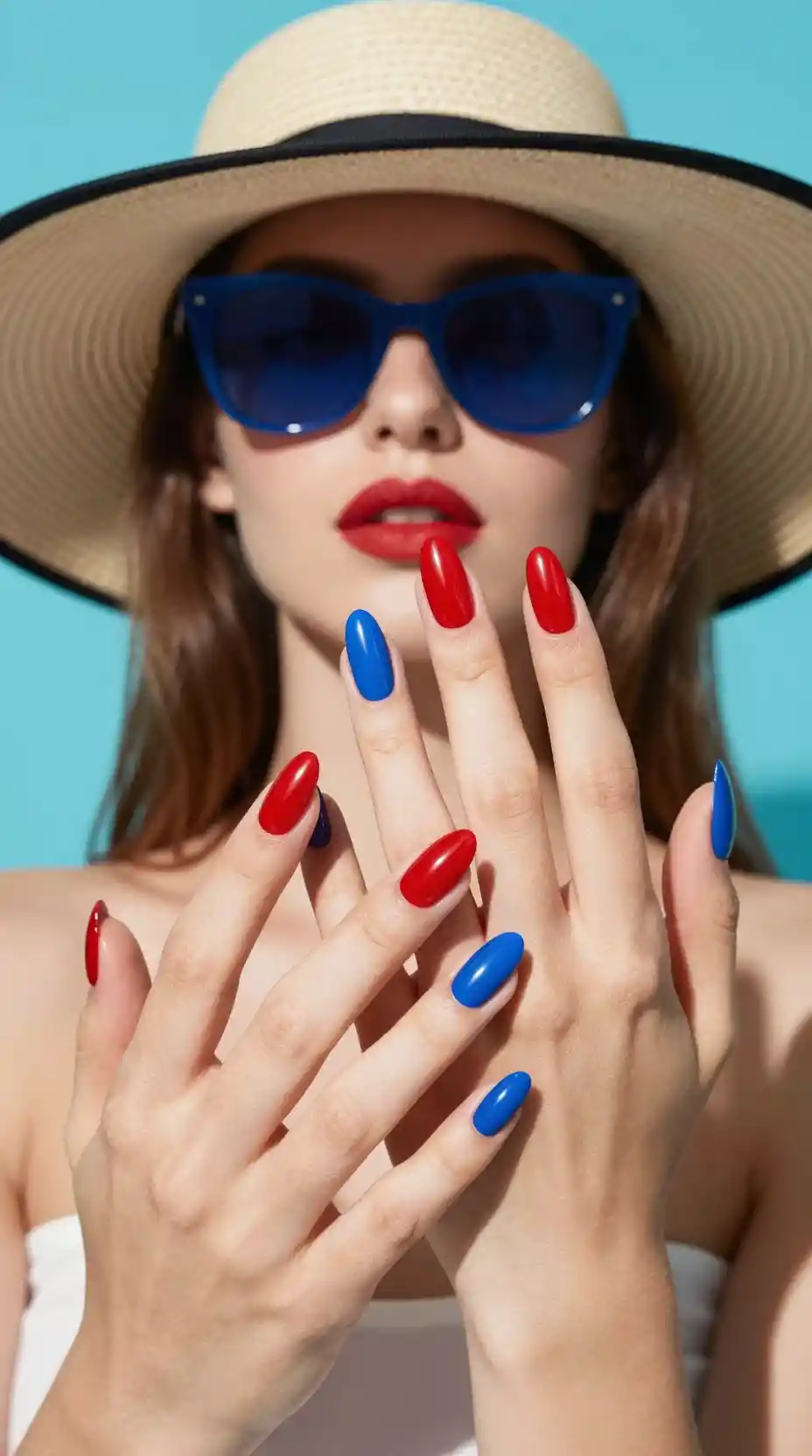 Close up of manicured female hands with colorful long nails