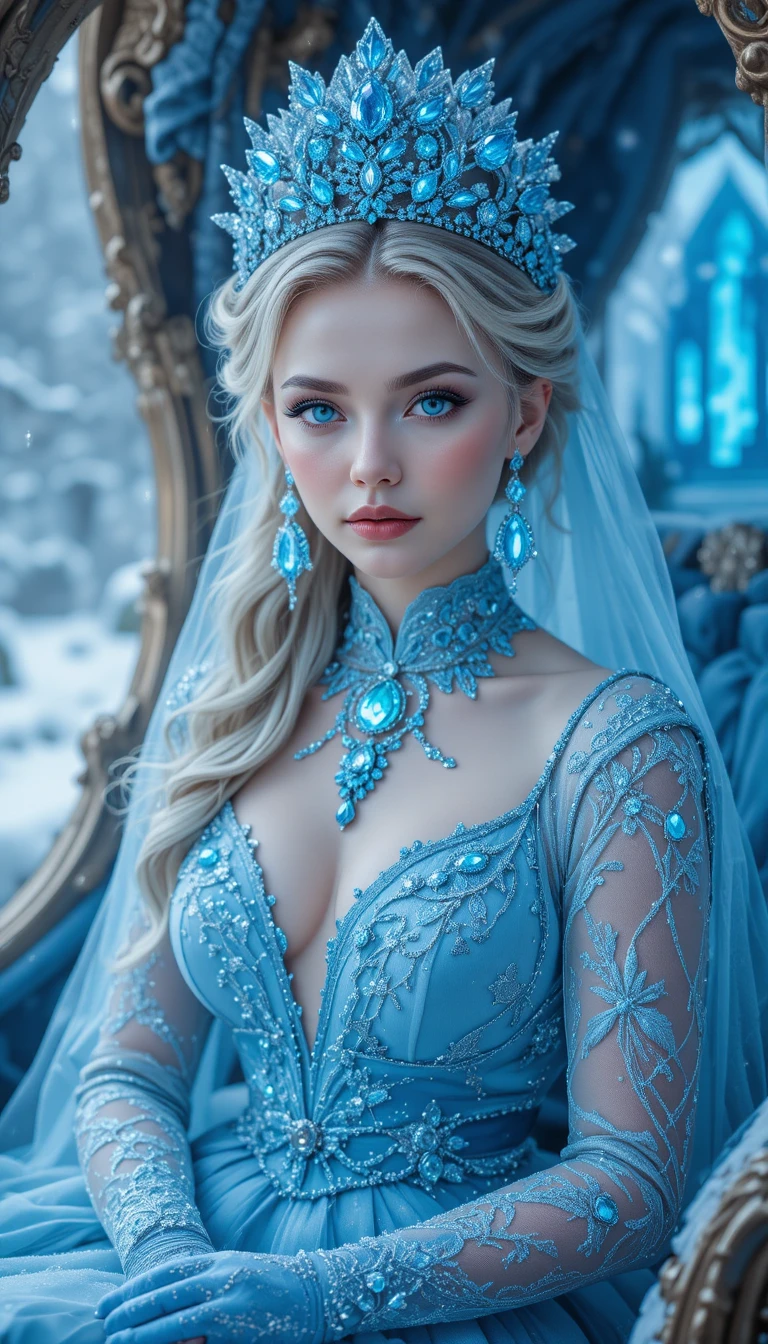 Reina de hielo con vestido azul de diamantes en carruaje de nieve