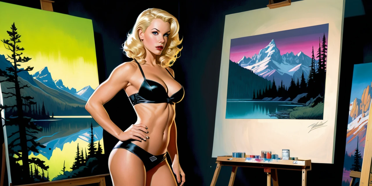 Artista segura pinta un paisaje tranquilo en un estudio de neón