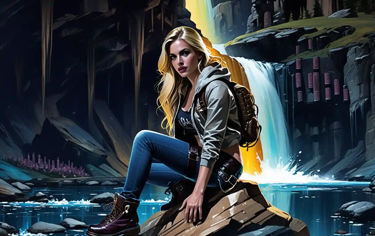 Chica rubia atlética descansando sobre una roca junto a una cascada en el bosque