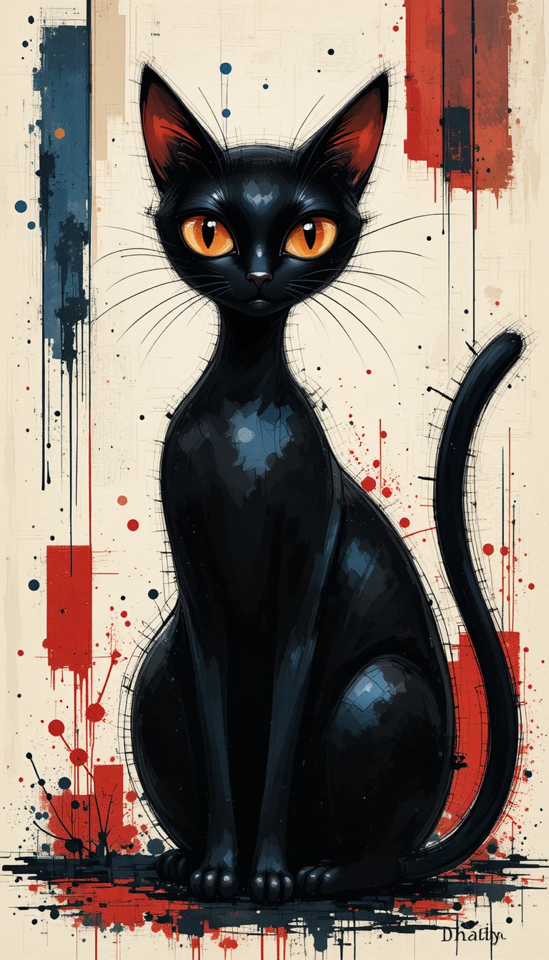 Ilustración de gato negro estilizado sobre fondo geométrico abstracto