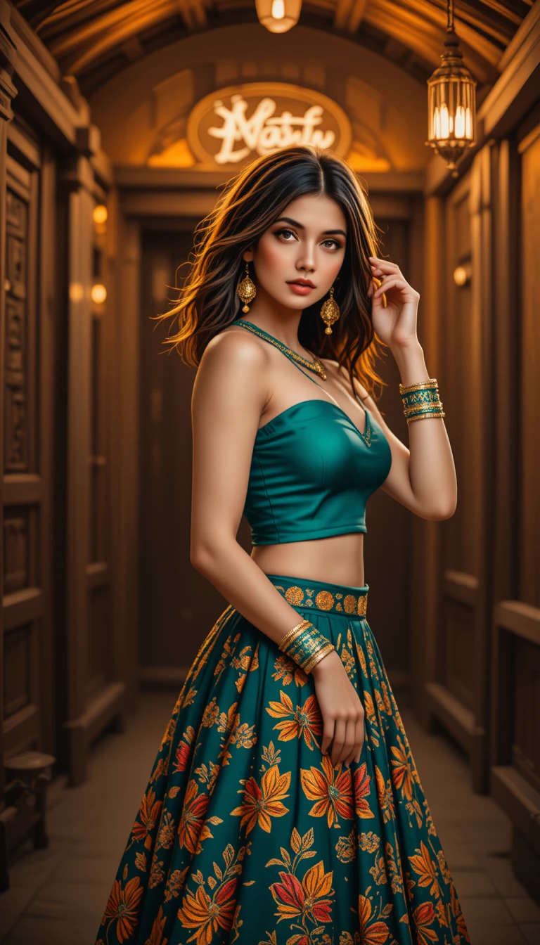 Retrato de chica sudasiática confiada con lehenga verde
