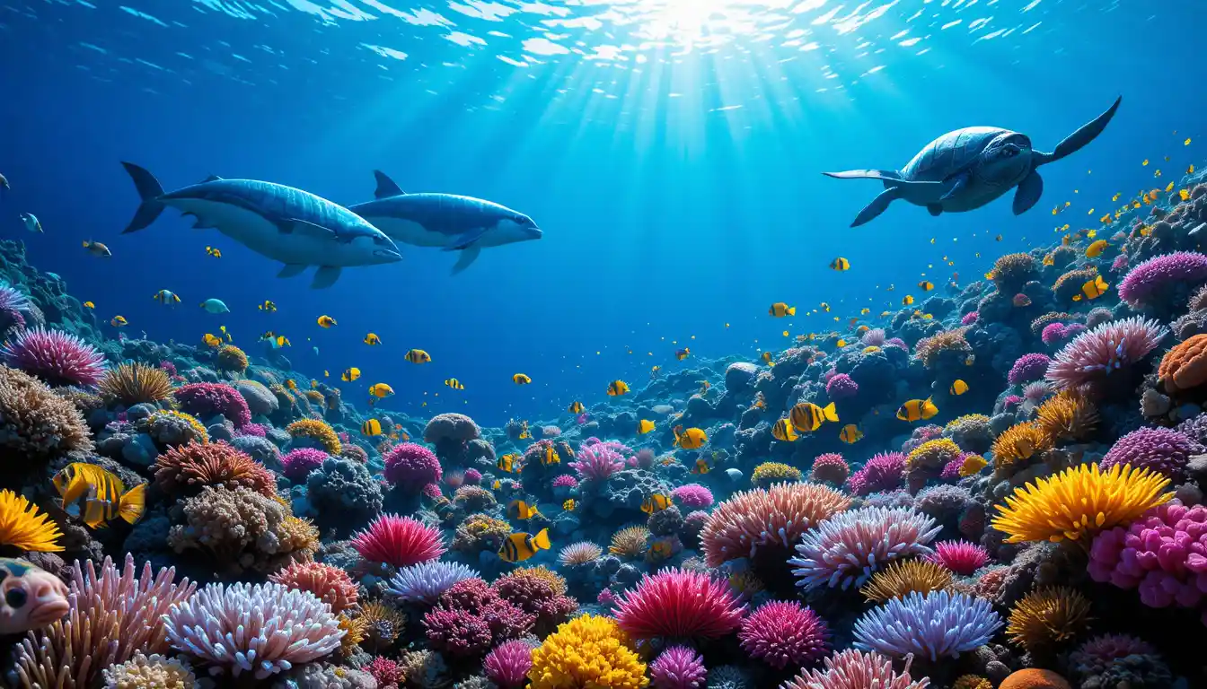 Colorful coral reef with tropical fish and marine animals
