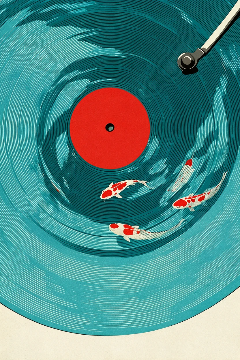 Disco in vinile minimalista con carpe koi e design del braccio fonorilevatore