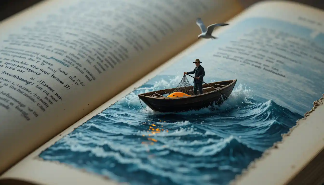 Makroansicht eines alten Buches, das sich zu einem surrealen Meer öffnet