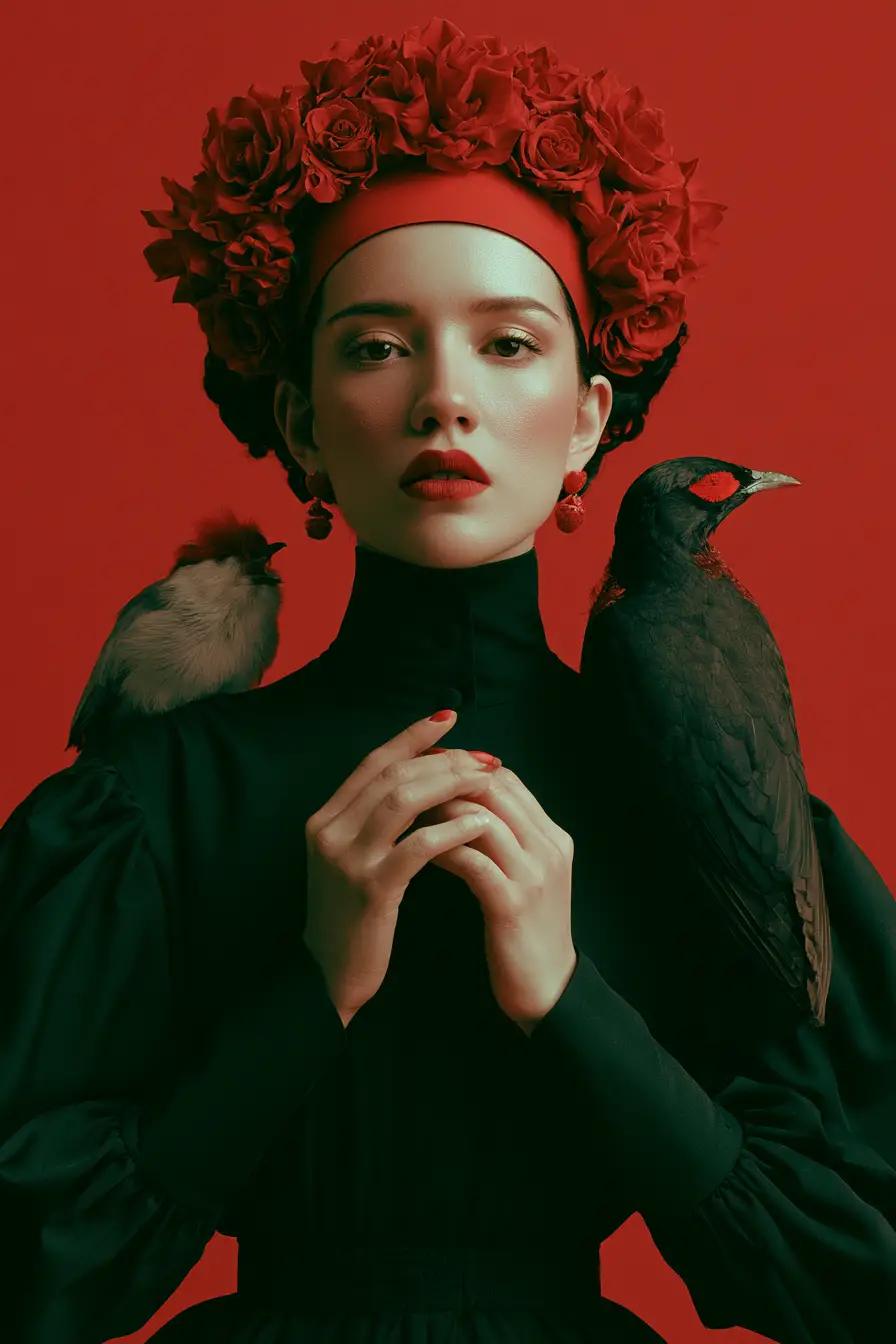 Primer plano surrealista de una mujer melancólica en colores intensos