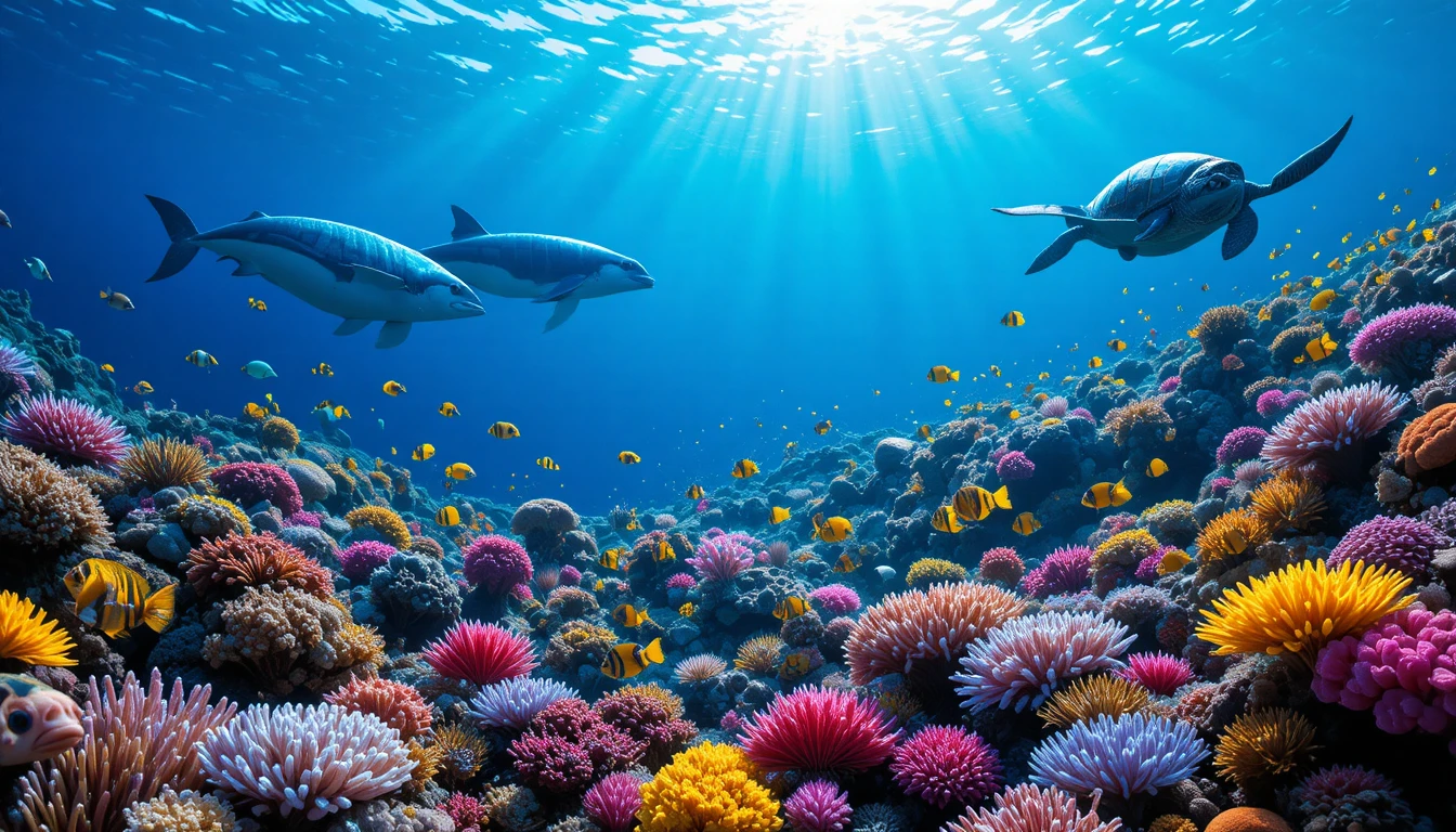 Colorful coral reef with tropical fish and marine animals