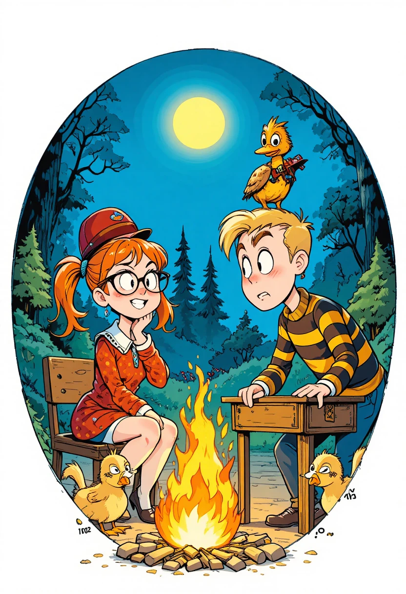 Junior duck scouts gathered around a glowing forest campfire