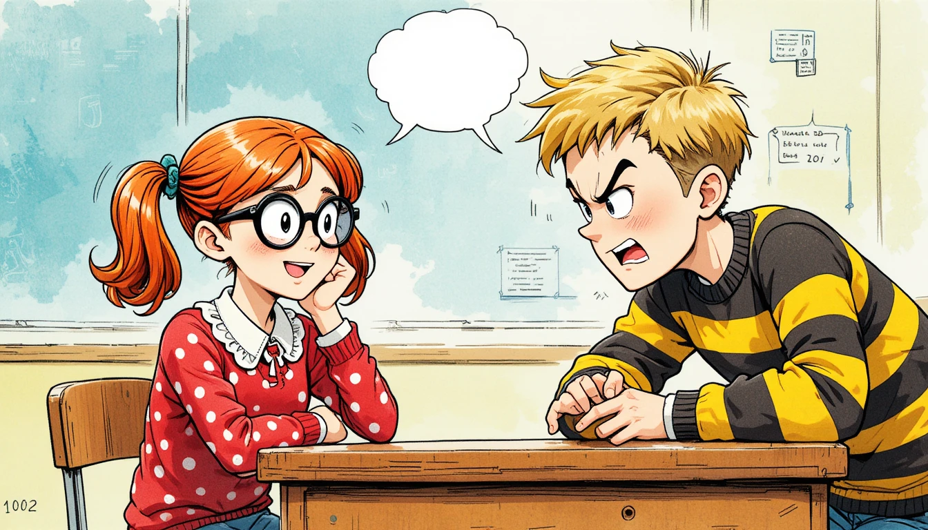 Comic classroom confrontation between smiling girl and angry boy