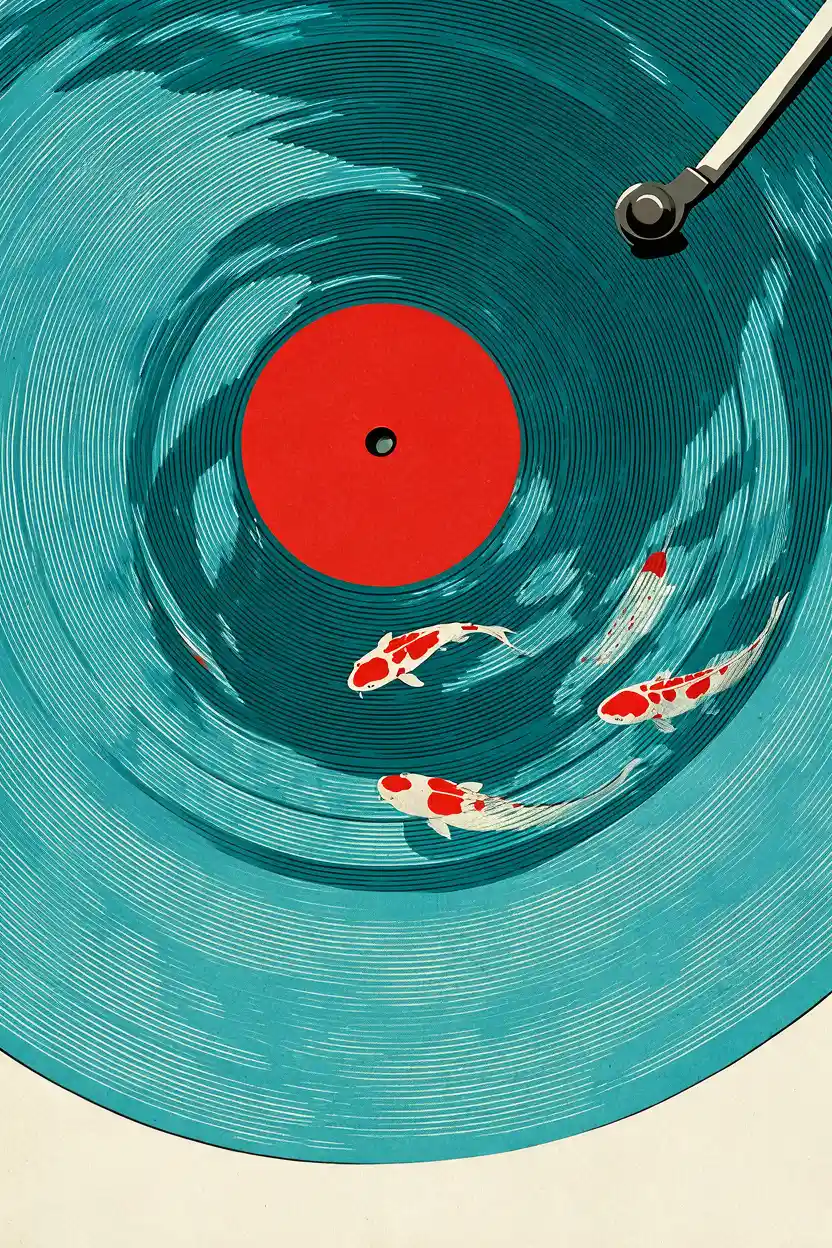 Disco de vinilo minimalista con peces koi y diseño de brazo fonocaptor