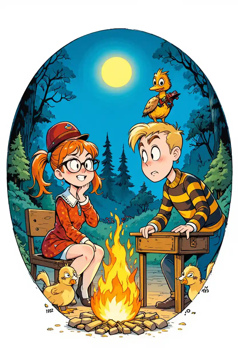 Junior duck scouts gathered around a glowing forest campfire