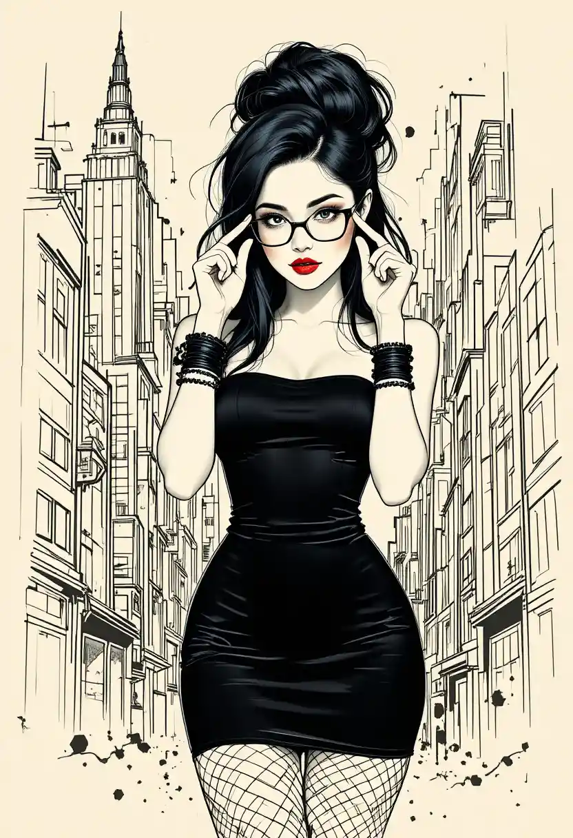 Mujer elegante con vestido negro frente a un fondo urbano gráfico
