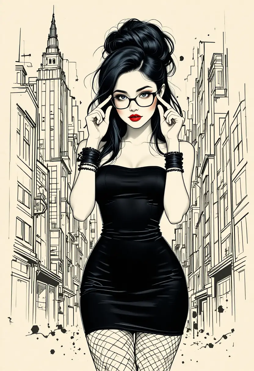 Donna elegante in abito nero davanti a sfondo urbano grafico