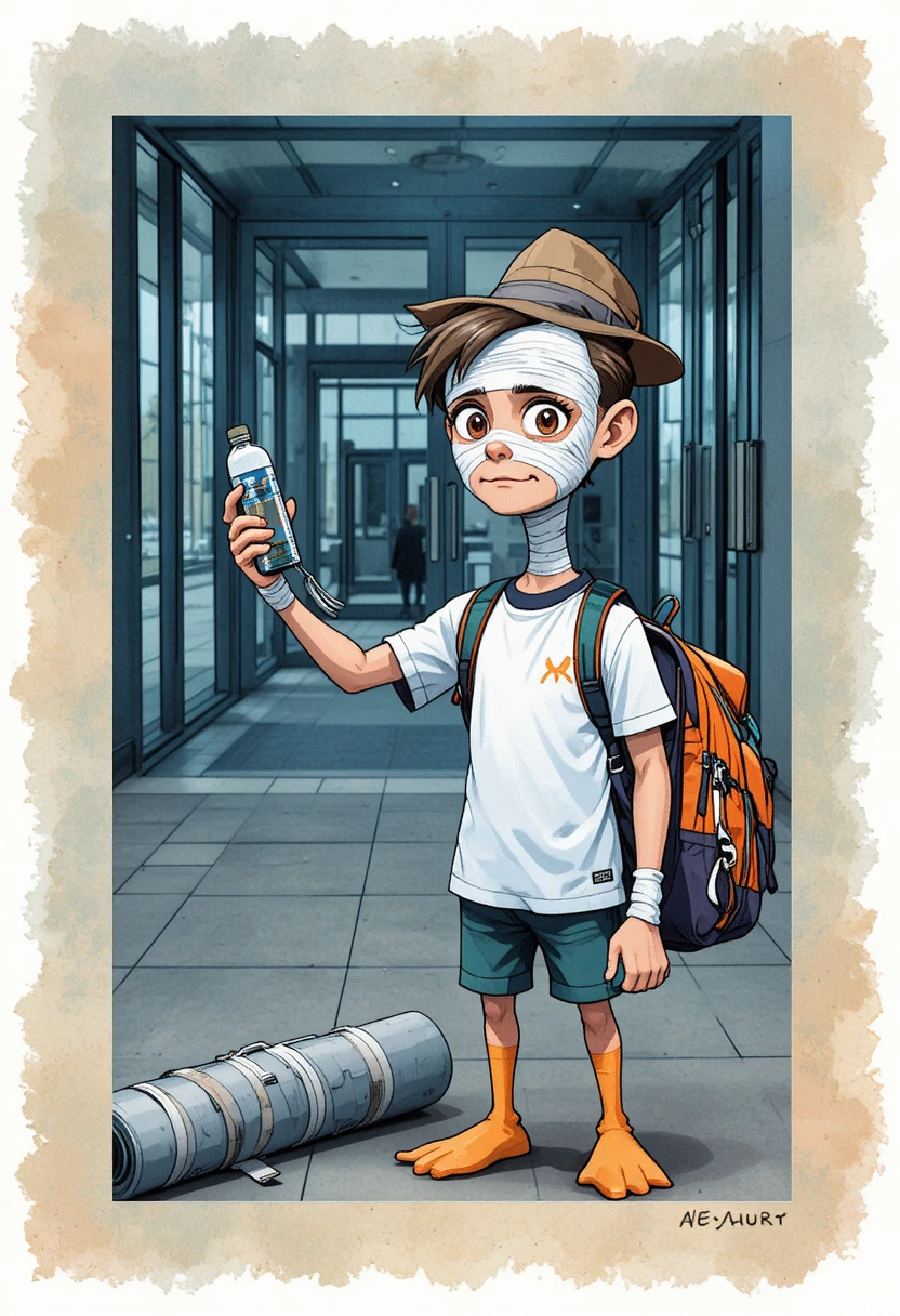 Papera cartoon che prepara uno zaino da trekking su sfondo blu