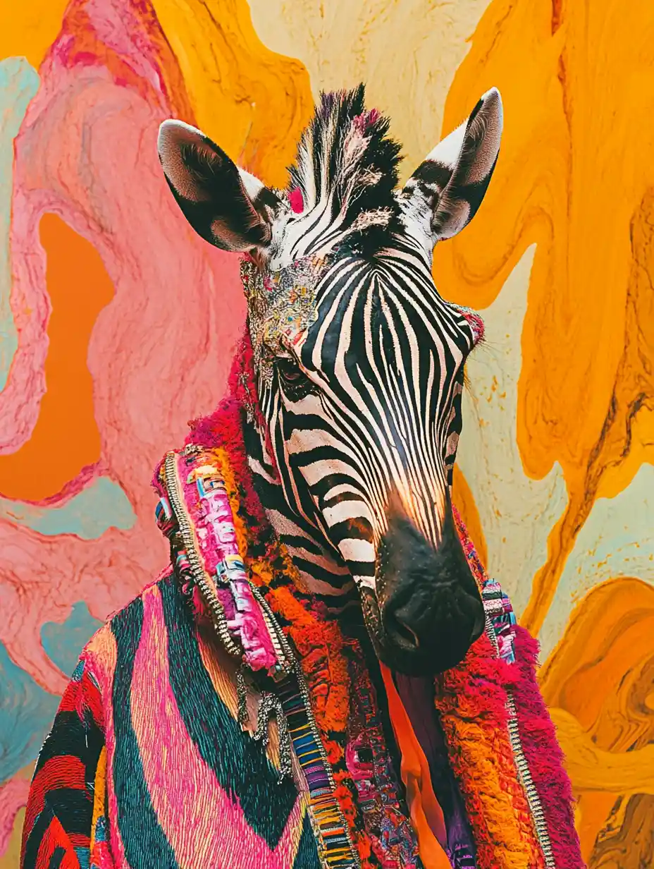 Surreal zebra portrait with zipper like stripes in film style