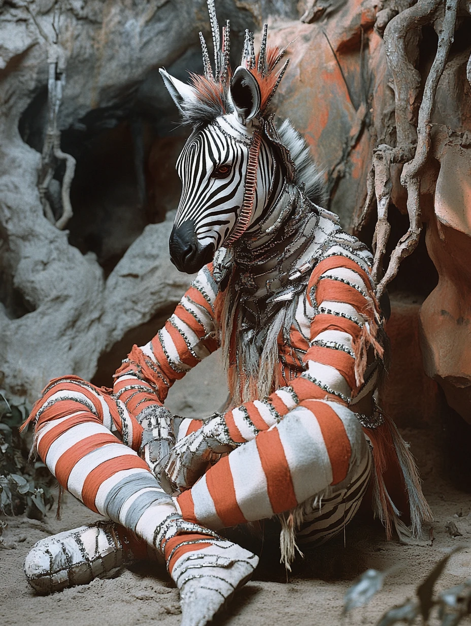 Cebra surreal con rayas de cremallera en estilo de cine retro