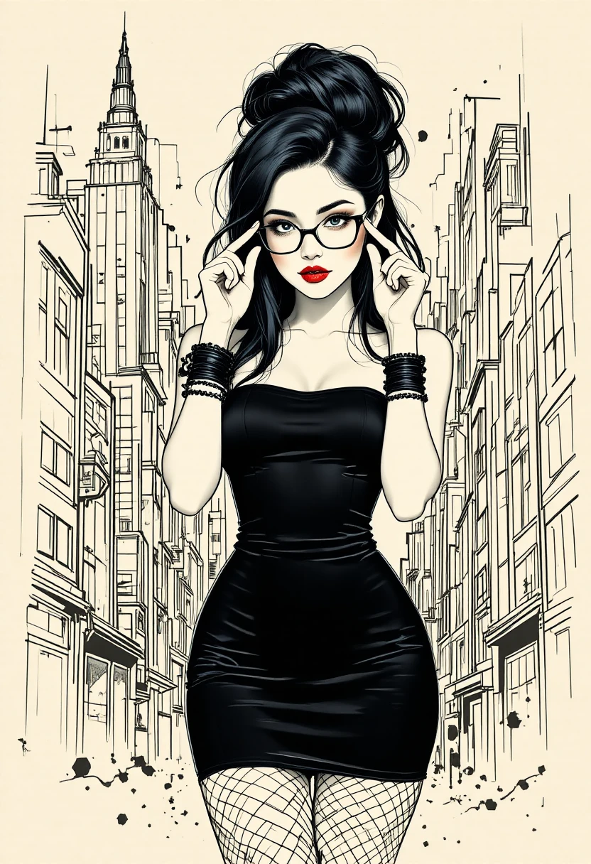 Mujer elegante con vestido negro frente a un fondo urbano gráfico