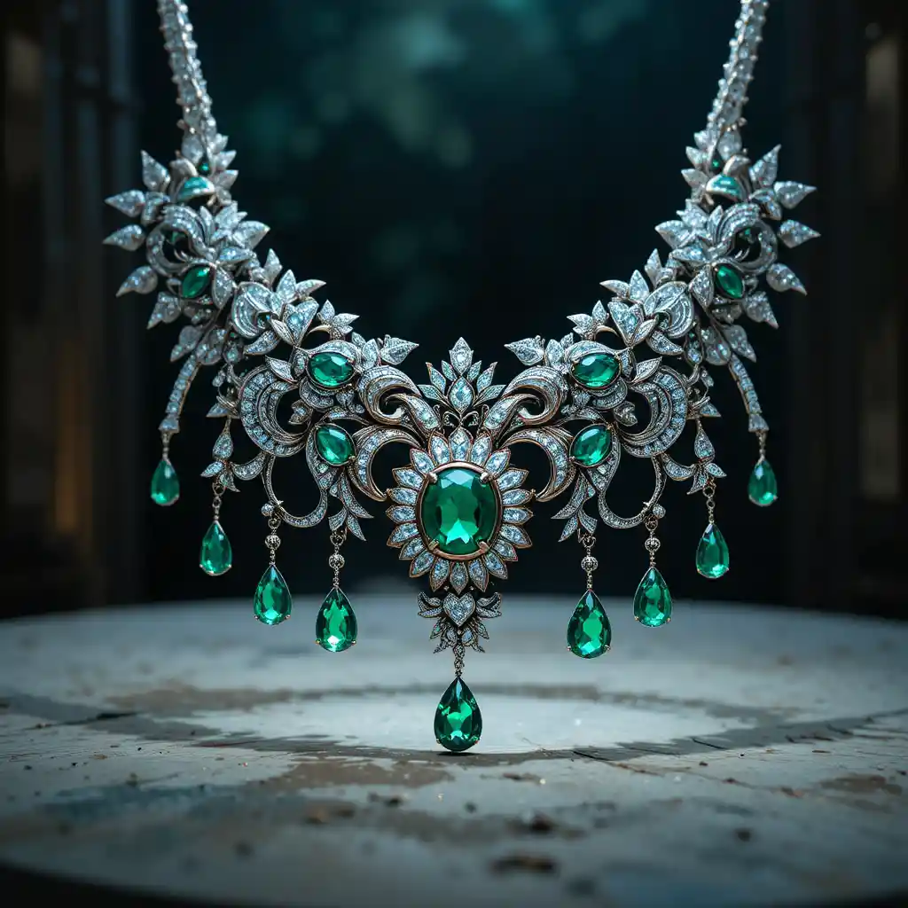 Nahaufnahme einer kunstvollen Silberkette mit Diamanten und Smaragden