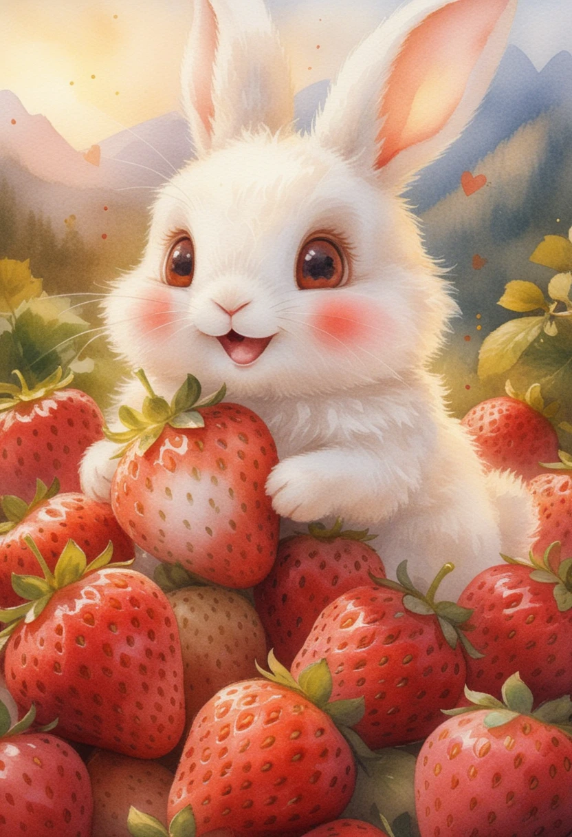 Cute white rabbit nestled in a pile of red strawberries