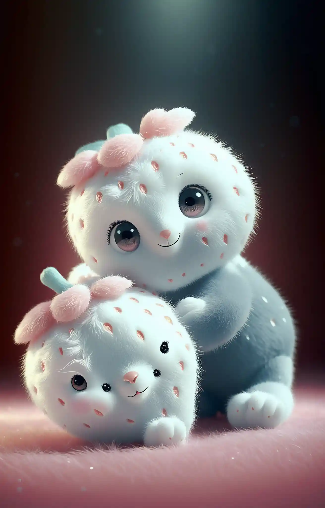Adorable peluche de fresa sobre un suave fondo rosa pastel