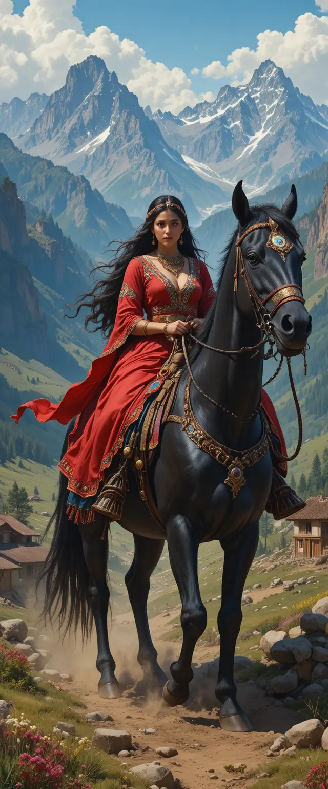Mujer italiana de rojo montando un caballo negro entre montañas