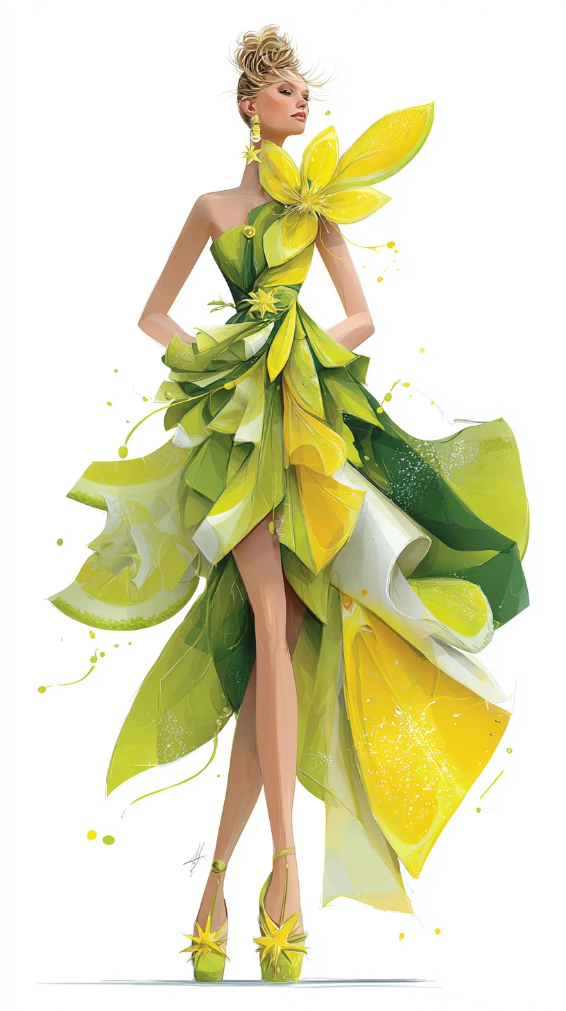 Mujer de alta costura con vestido verde amarillo inspirado en la carambola