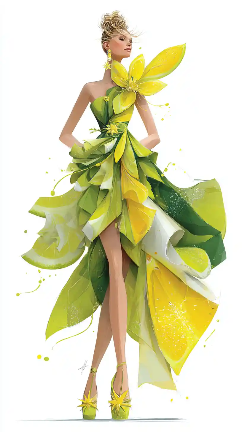 Mujer de alta costura con vestido verde amarillo inspirado en la carambola