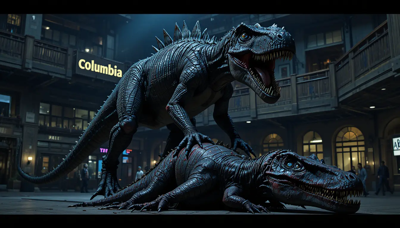 Dinosaurio herido dominando a su rival caído en un centro comercial oscuro
