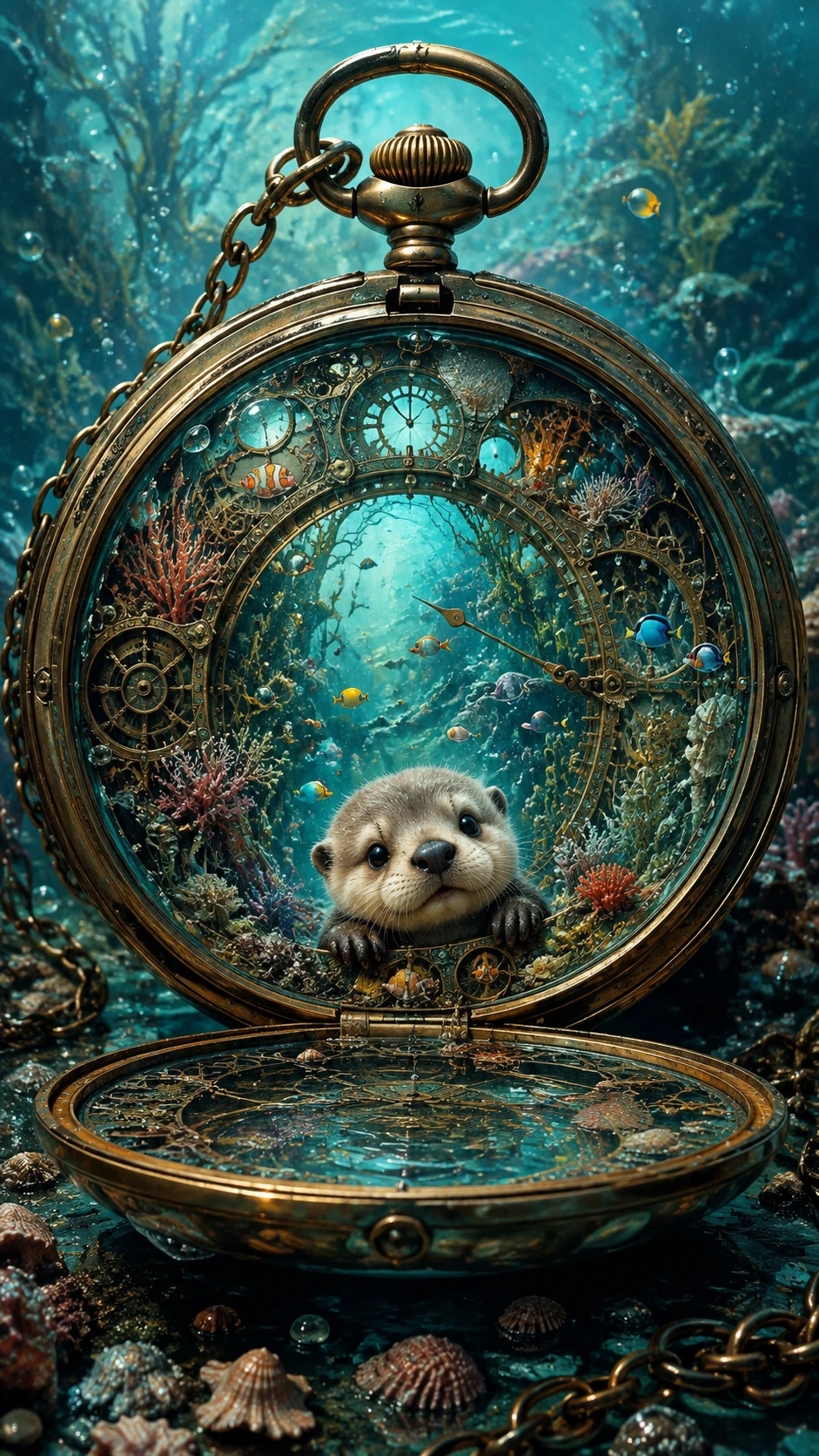 Pequeña nutria marina dentro de un reloj de bolsillo steampunk bajo el agua