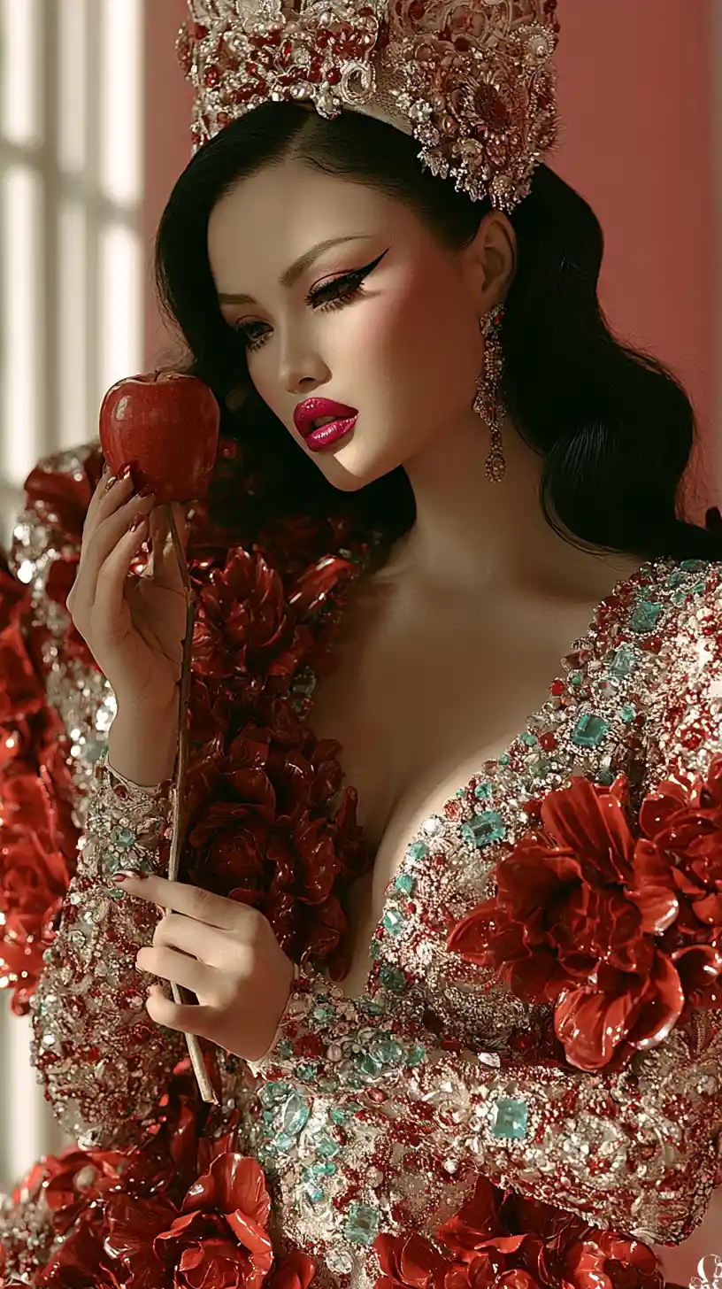Retrato de moda surreal de una mujer con lujoso vestido floral