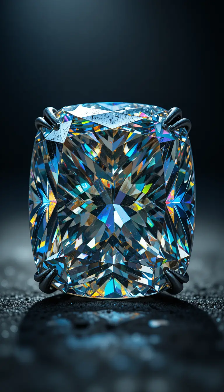 Macro primer plano de diamante antiguo corte cojín en metal oscuro