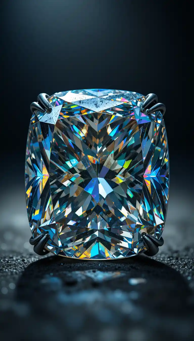Macro primer plano de diamante antiguo corte cojín en metal oscuro
