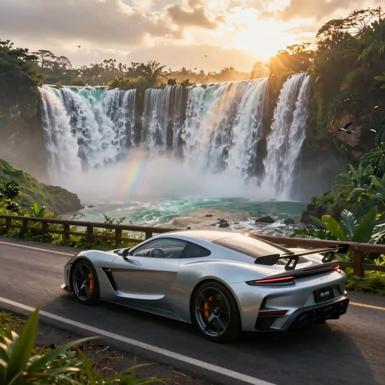 Coche deportivo plateado en carretera acantilada al atardecer