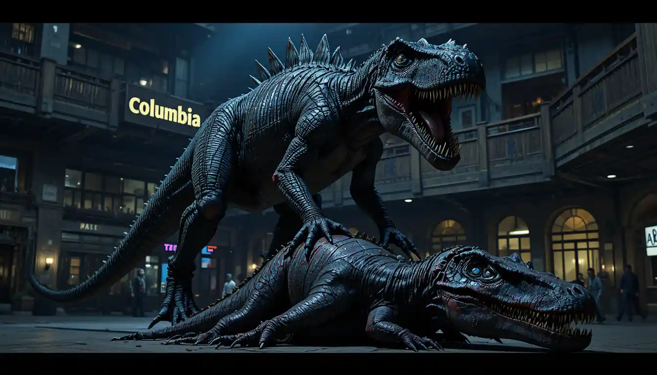 Dinosaurio herido dominando a su rival caído en un centro comercial oscuro