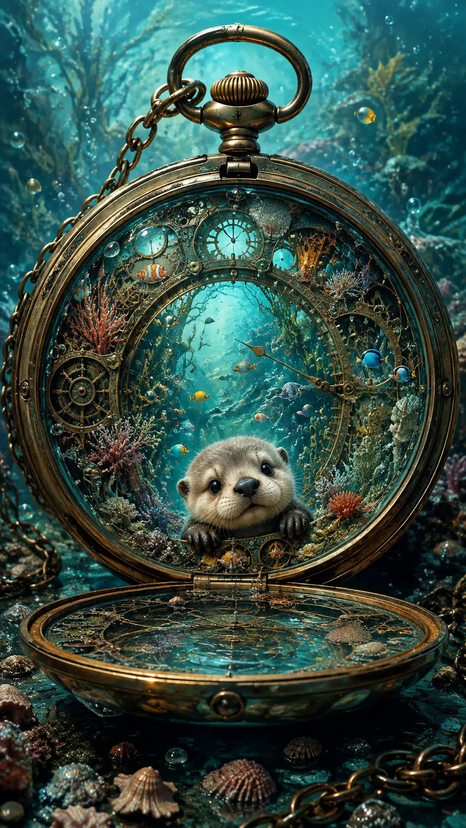 Piccola lontra marina dentro a un orologio da tasca steampunk sott’acqua