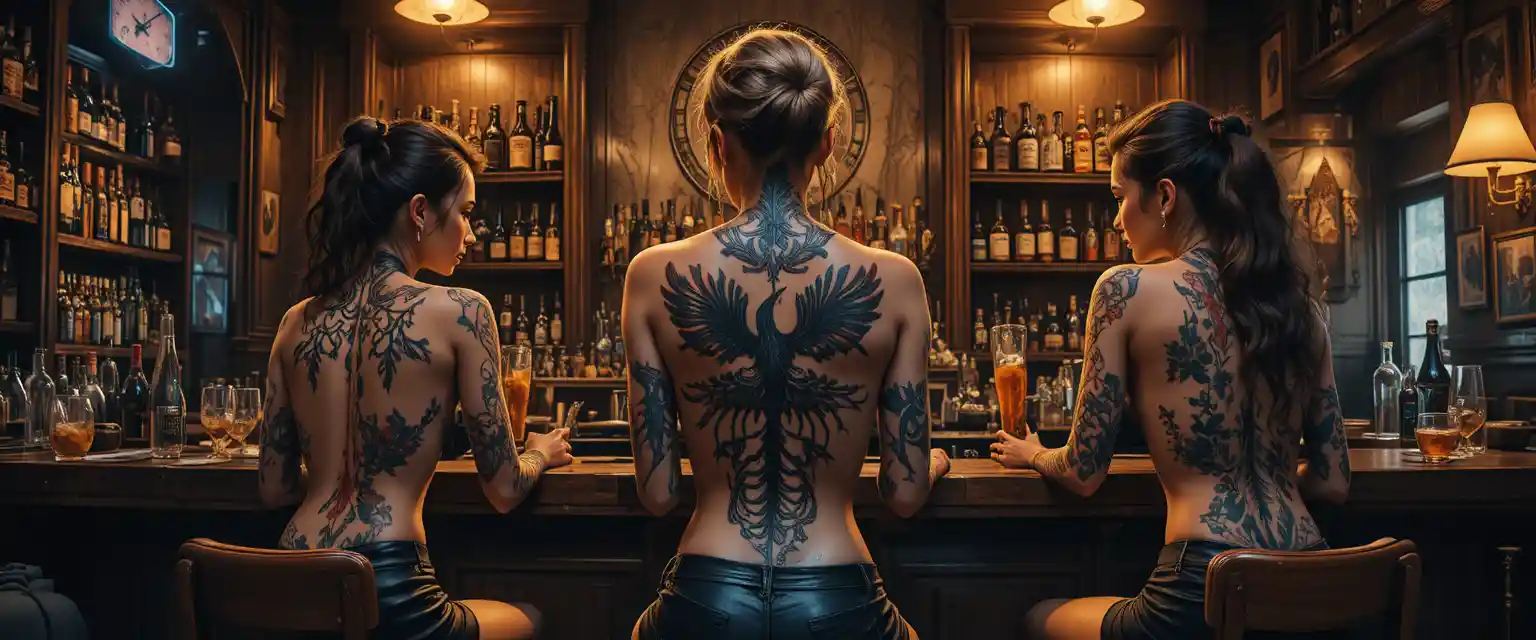Tätowierte Frauen an einer schummrig beleuchteten Bar
