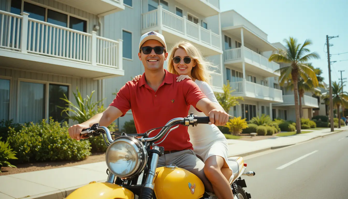 Pareja sonriente en una motocicleta amarilla bajo la luz del verano
