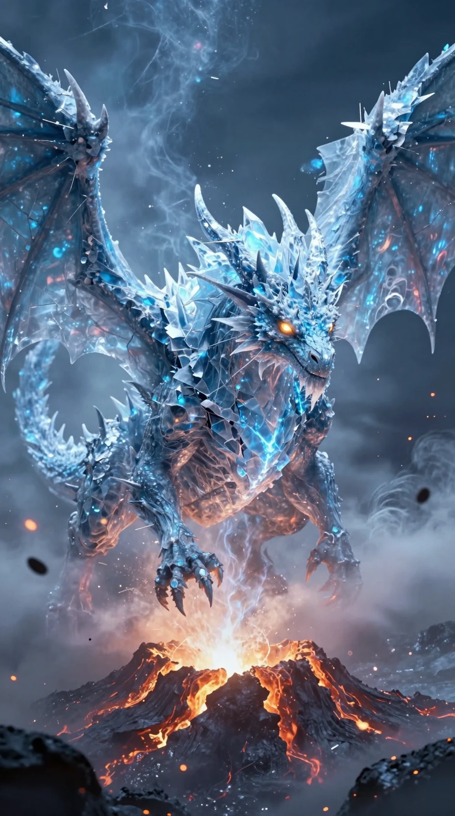 Dragón de hielo primordial alzándose de una furiosa erupción volcánica